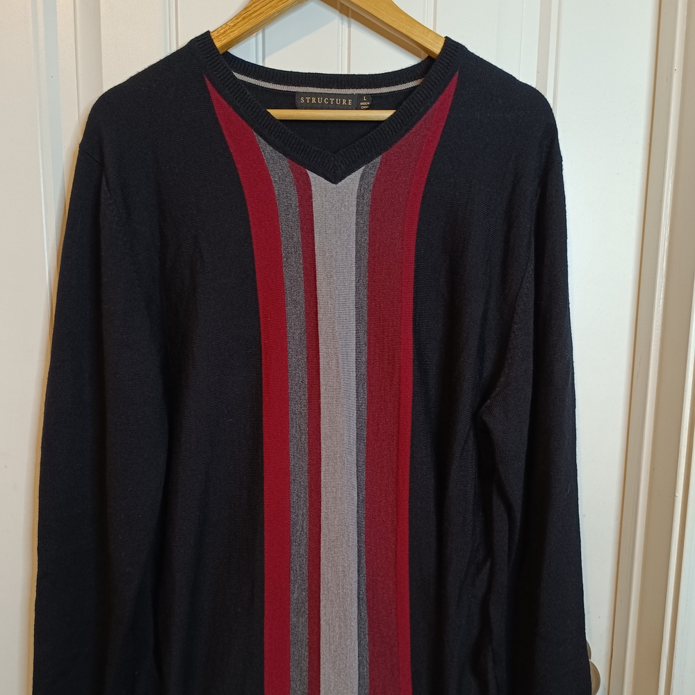 Vintage Structure V-Neck Striped Large Sweater Italian Merino Wool VTG Black Red